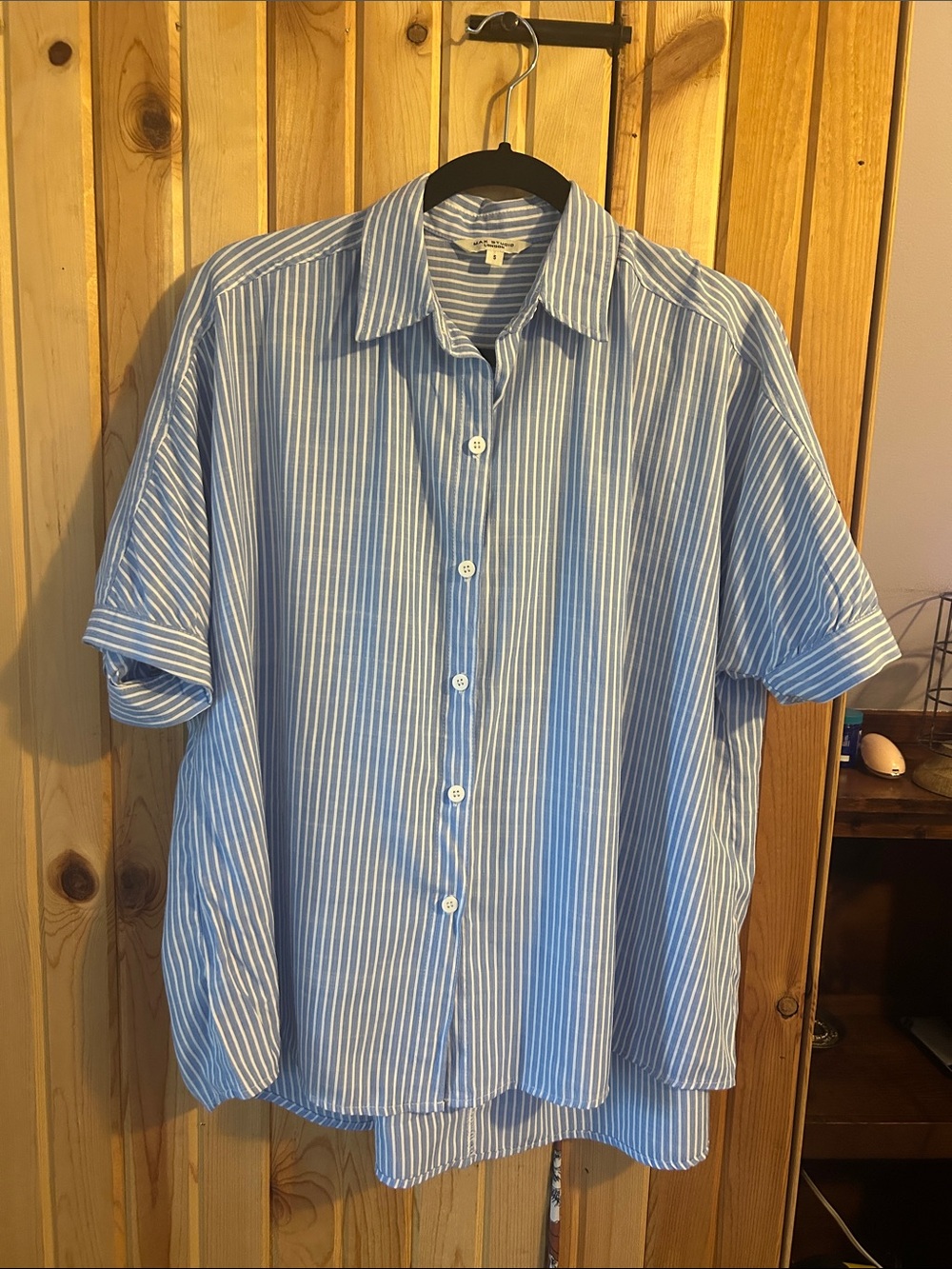 Max Studio Blue and White Striped Short-Sleeve Button-Up Shirt